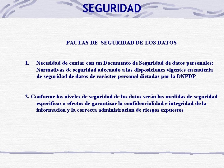 SEGURIDAD PAUTAS DE SEGURIDAD DE LOS DATOS 1. Necesidad de contar con un Documento