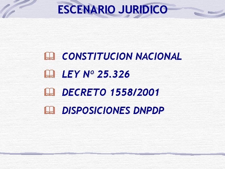 ESCENARIO JURIDICO & CONSTITUCION NACIONAL & LEY Nº 25. 326 & DECRETO 1558/2001 &