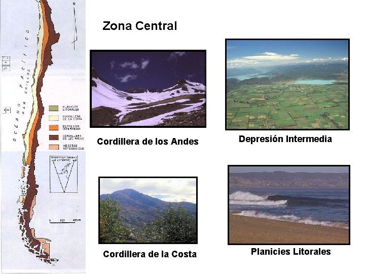 Zona Central Cordillera de los Andes Depresión Intermedia Cordillera de la Costa Planicies Litorales