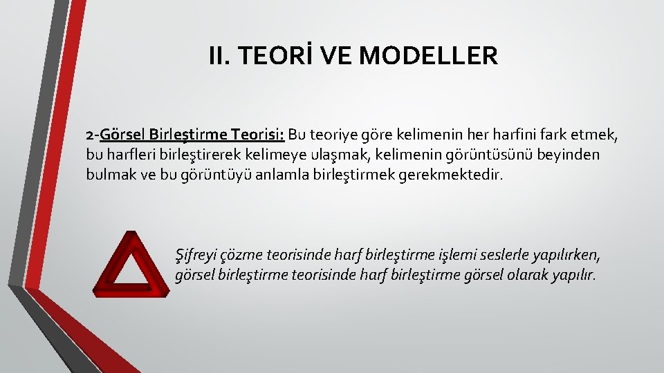 II. TEORİ VE MODELLER 2 -Görsel Birleştirme Teorisi: Bu teoriye göre kelimenin her harfini