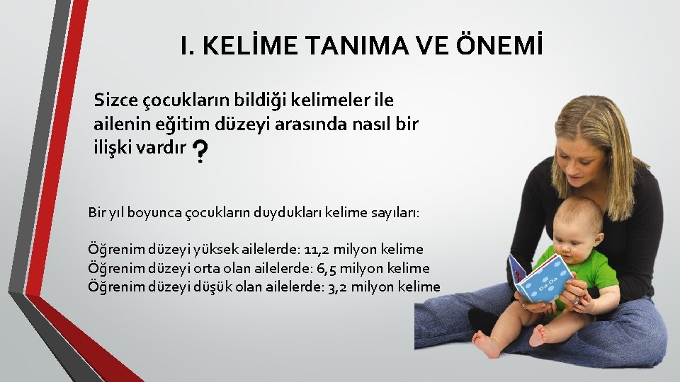 I. KELİME TANIMA VE ÖNEMİ Sizce çocukların bildiği kelimeler ile ailenin eğitim düzeyi arasında