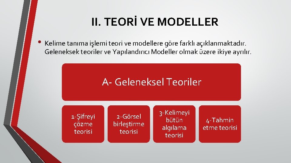 II. TEORİ VE MODELLER • Kelime tanıma işlemi teori ve modellere göre farklı açıklanmaktadır.