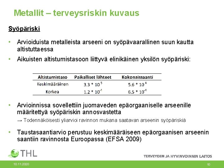 Metallit – terveysriskin kuvaus Syöpäriski • Arvioiduista metalleista arseeni on syöpävaarallinen suun kautta altistuttaessa