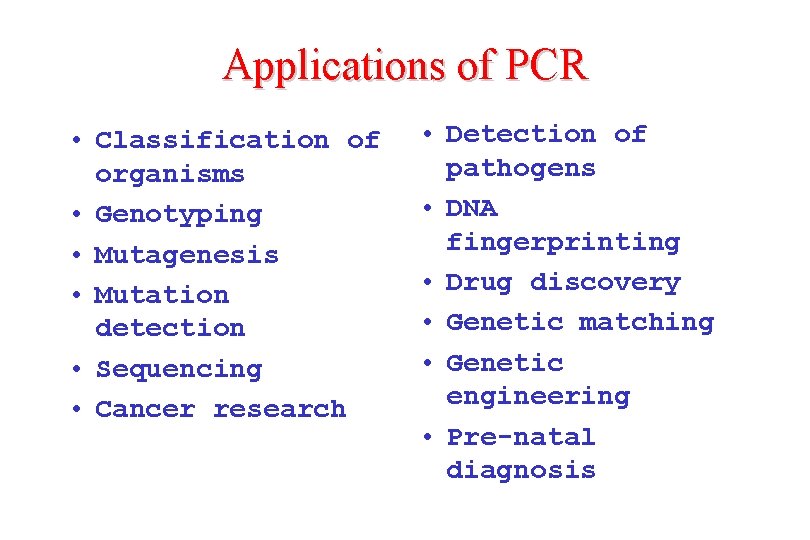 Applications of PCR • Classification of organisms • Genotyping • Mutagenesis • Mutation detection