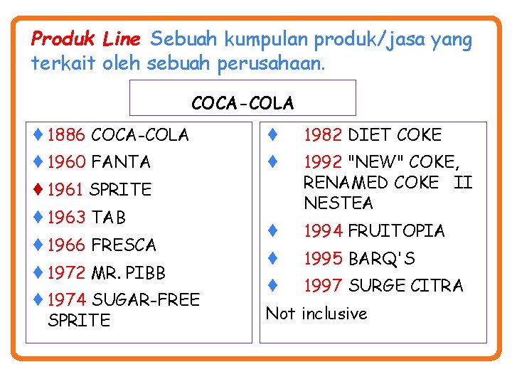 Produk Line Sebuah kumpulan produk/jasa yang terkait oleh sebuah perusahaan. COCA-COLA ¨ 1886 COCA-COLA