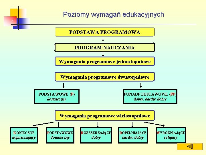 Poziomy wymagań edukacyjnych PODSTAWA PROGRAMOWA PROGRAM NAUCZANIA Wymagania programowe jednostopniowe Wymagania programowe dwustopniowe PODSTAWOWE