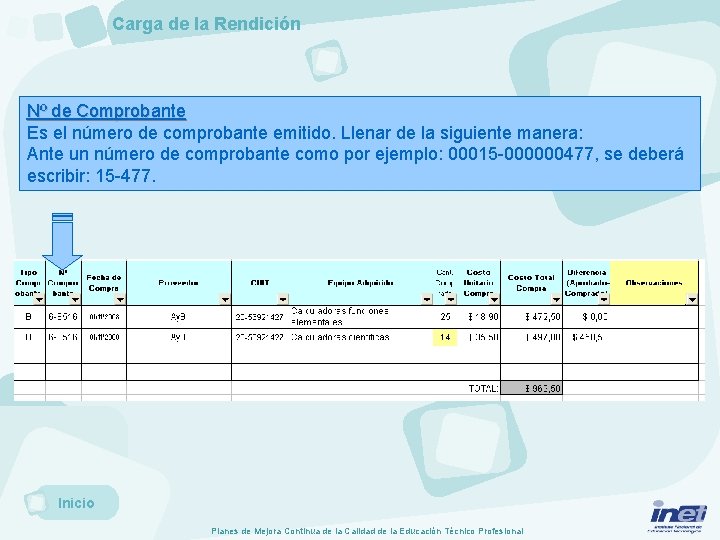 Carga de la Rendición Nº de Comprobante Es el número de comprobante emitido. Llenar