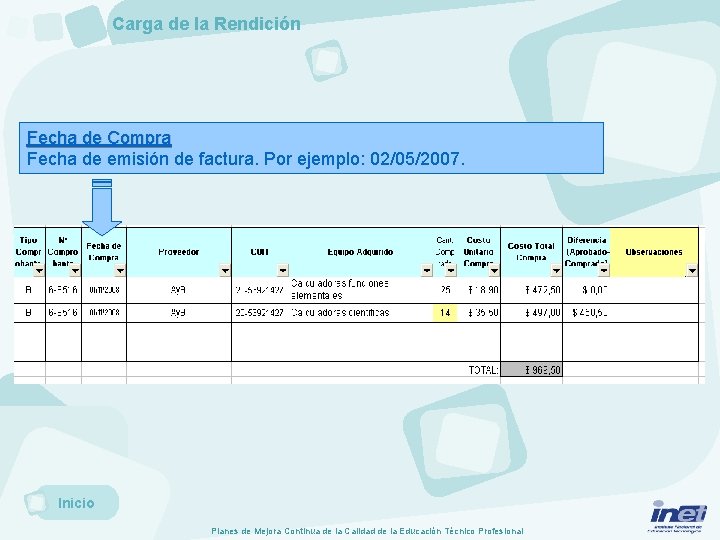 Carga de la Rendición Fecha de Compra Fecha de emisión de factura. Por ejemplo: