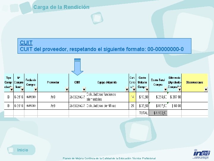 Carga de la Rendición CUIT del proveedor, respetando el siguiente formato: 00 -0000 -0