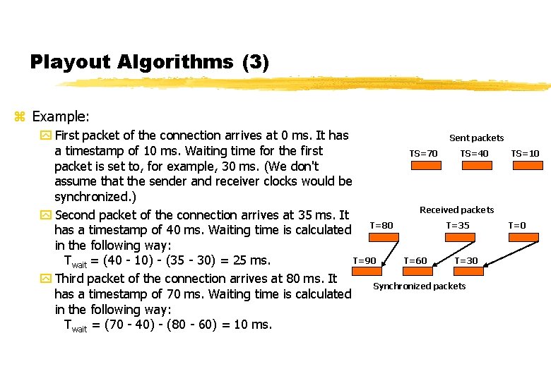 Playout Algorithms (3) z Example: y First packet of the connection arrives at 0