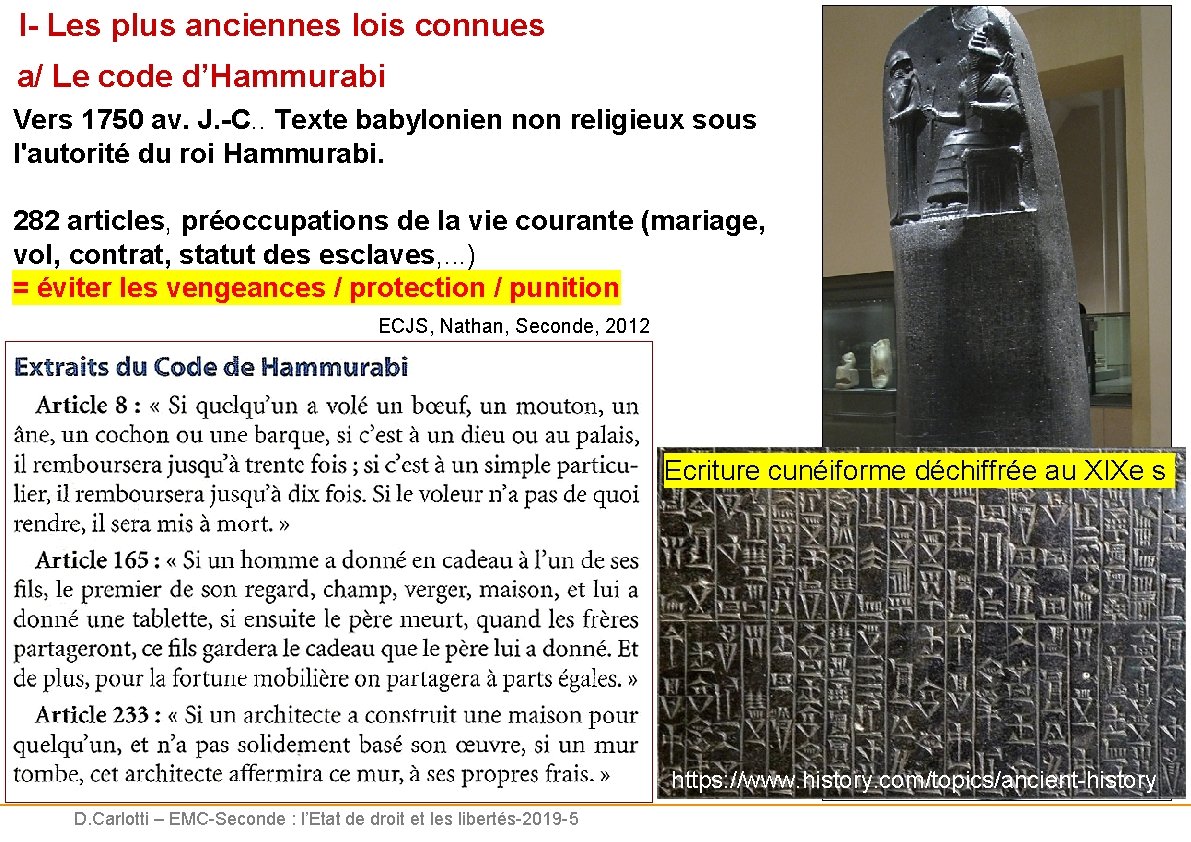 I- Les plus anciennes lois connues a/ Le code d’Hammurabi Vers 1750 av. J.