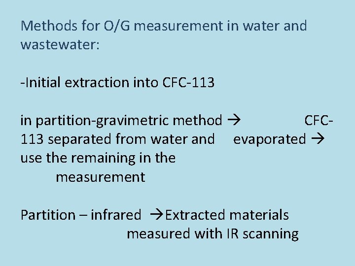 Methods for O/G measurement in water and wastewater: -Initial extraction into CFC-113 in partition-gravimetric
