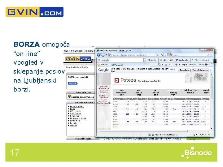 BORZA omogoča “on line” vpogled v sklepanje poslov na Ljubljanski borzi. 17 BORZA omogoča “on line” vpogled v sklepanje poslov na Ljubljanski borzi. 17