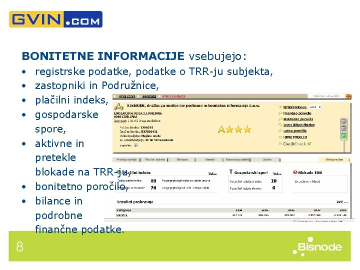 BONITETNE INFORMACIJE vsebujejo: registrske podatke, podatke o TRR-ju subjekta, zastopniki in Podružnice, plačilni indeks,