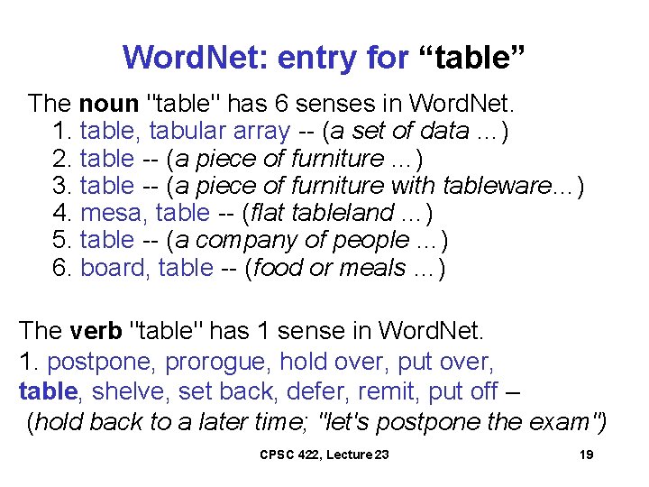 Word. Net: entry for “table” The noun "table" has 6 senses in Word. Net.