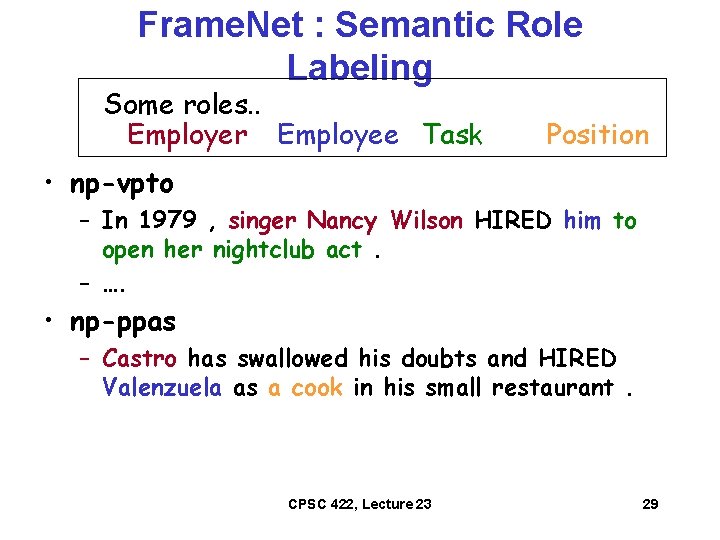 Frame. Net : Semantic Role Labeling Some roles. . Employer Employee Task Position •