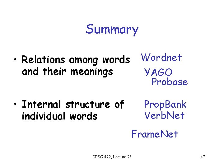 Summary • Relations among words and their meanings Wordnet YAGO Probase • Internal structure