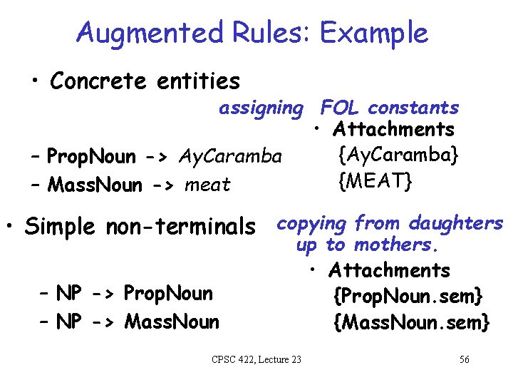 Augmented Rules: Example • Concrete entities assigning FOL constants • Attachments {Ay. Caramba} –