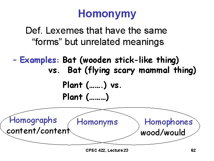 Homonymy Def. Lexemes that have the same “forms” but unrelated meanings – Examples: Bat