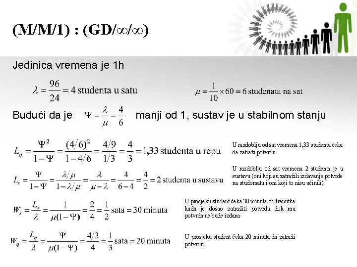 (M/M/1) : (GD/∞/∞) Jedinica vremena je 1 h Budući da je manji od 1,