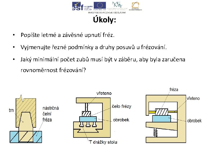 Úkoly: • Popište letmé a závěsné upnutí fréz. • Vyjmenujte řezné podmínky a druhy