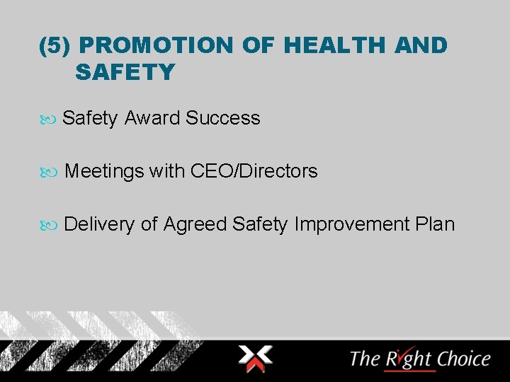 (5) PROMOTION OF HEALTH AND SAFETY Safety Award Success Meetings with CEO/Directors Delivery of