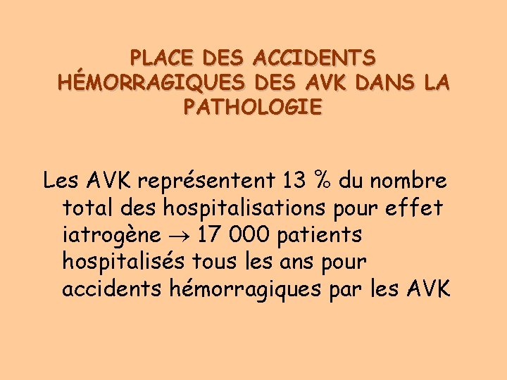 PLACE DES ACCIDENTS HÉMORRAGIQUES DES AVK DANS LA PATHOLOGIE Les AVK représentent 13 %