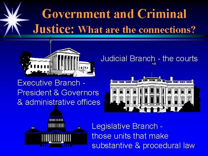 Government and Criminal Justice: What are the connections? Judicial Branch - the courts Executive