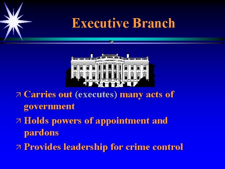 Executive Branch ä Carries out (executes) many acts of government ä Holds powers of