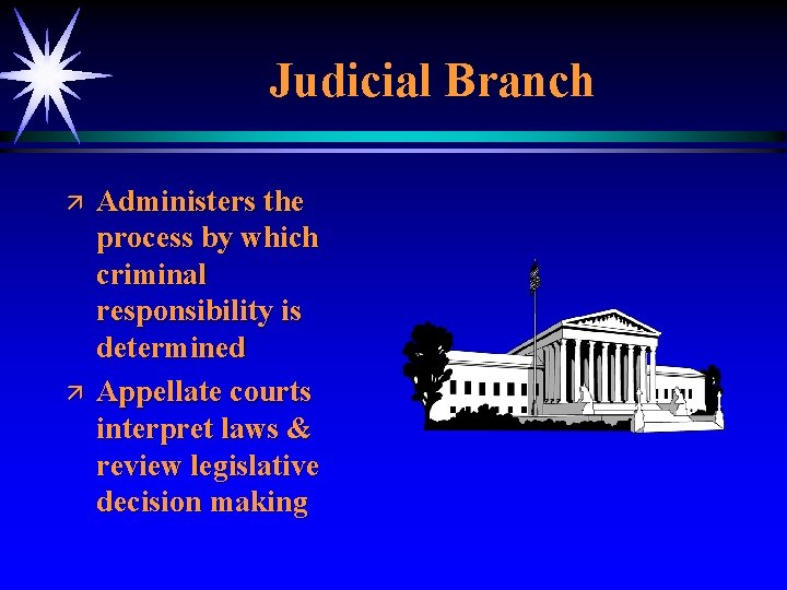 Judicial Branch ä ä Administers the process by which criminal responsibility is determined Appellate