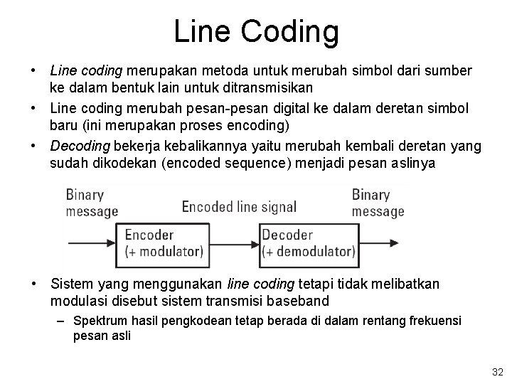 Line Coding • Line coding merupakan metoda untuk merubah simbol dari sumber ke dalam