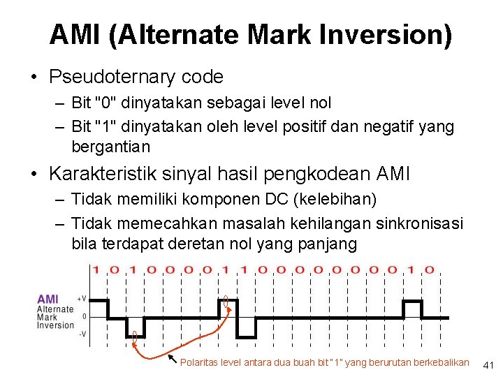 AMI (Alternate Mark Inversion) • Pseudoternary code – Bit "0" dinyatakan sebagai level nol