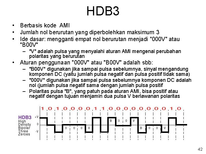 HDB 3 • Berbasis kode AMI • Jumlah nol berurutan yang diperbolehkan maksimum 3