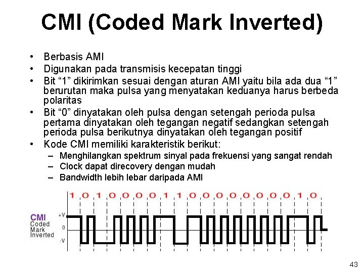 CMI (Coded Mark Inverted) • Berbasis AMI • Digunakan pada transmisis kecepatan tinggi •