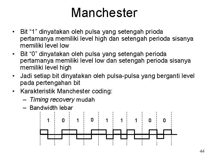 Manchester • Bit “ 1” dinyatakan oleh pulsa yang setengah prioda pertamanya memiliki level