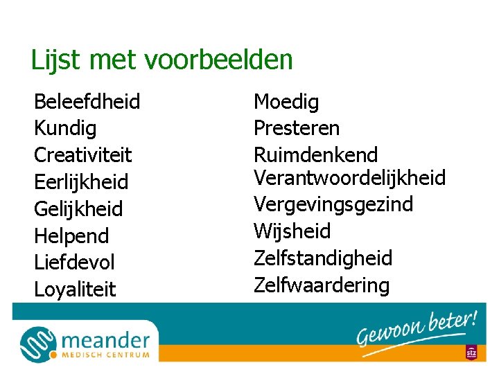 Lijst met voorbeelden Beleefdheid Kundig Creativiteit Eerlijkheid Gelijkheid Helpend Liefdevol Loyaliteit Moedig Presteren Ruimdenkend