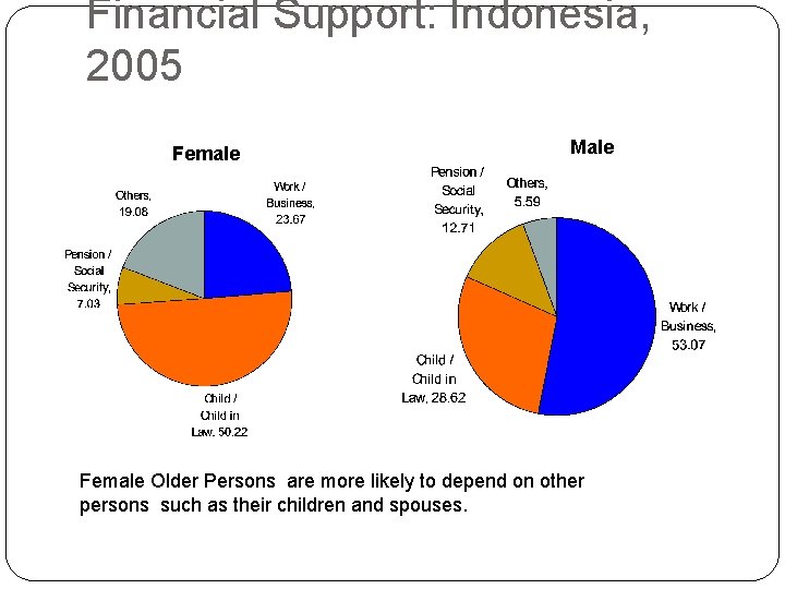 Financial Support: Indonesia, 2005 Female Male Female Older Persons are more likely to depend