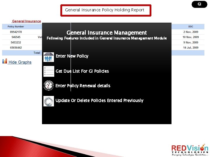 GI General Insurance Policy Holding Report General Insurance Management Following Features Included in General