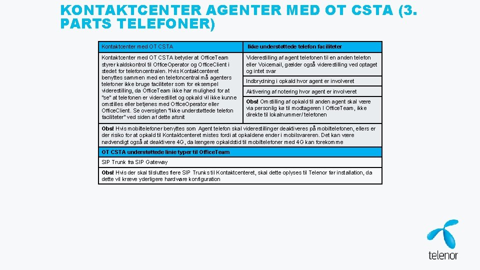 KONTAKTCENTER AGENTER MED OT CSTA (3. PARTS TELEFONER) Kontaktcenter med OT CSTA Ikke understøttede