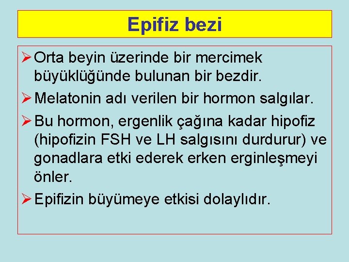 Epifiz bezi Ø Orta beyin üzerinde bir mercimek büyüklüğünde bulunan bir bezdir. Ø Melatonin