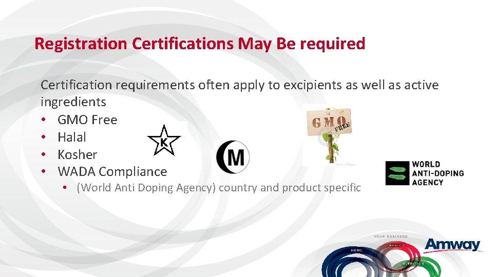 Registration Certifications May Be required Certification requirements often apply to excipients as well as