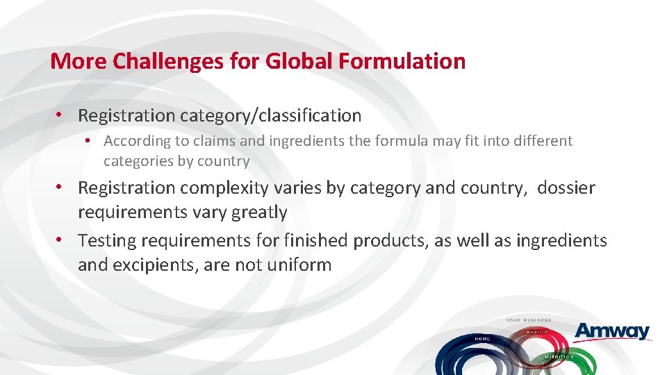 More Challenges for Global Formulation • Registration category/classification • According to claims and ingredients