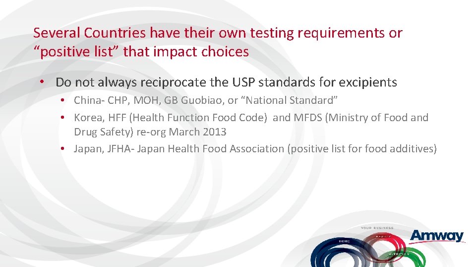 Several Countries have their own testing requirements or “positive list” that impact choices •