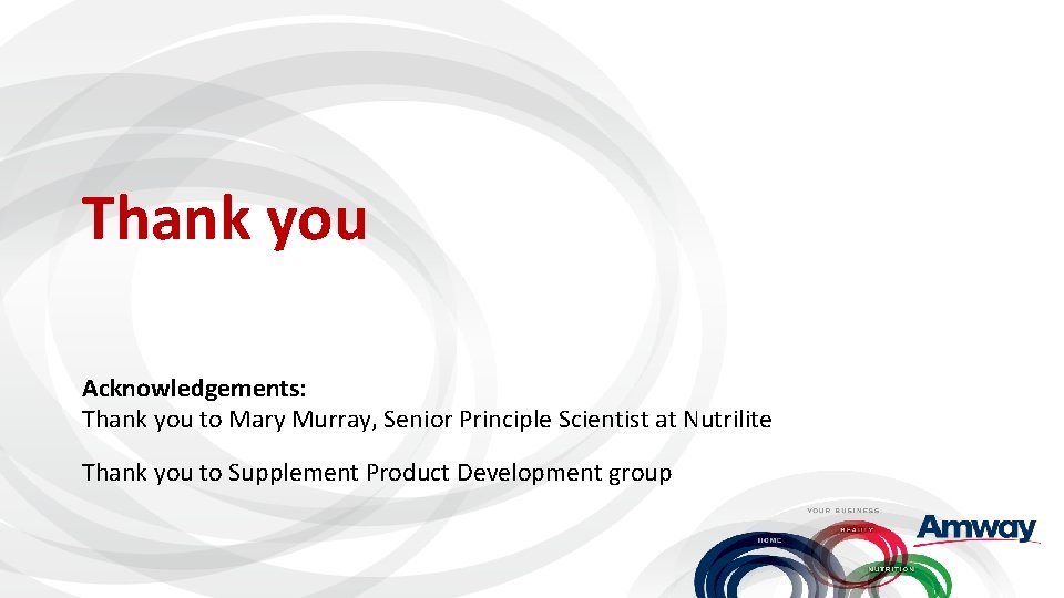 Thank you Acknowledgements: Thank you to Mary Murray, Senior Principle Scientist at Nutrilite Thank