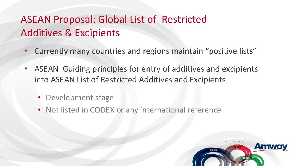 ASEAN Proposal: Global List of Restricted Additives & Excipients • Currently many countries and