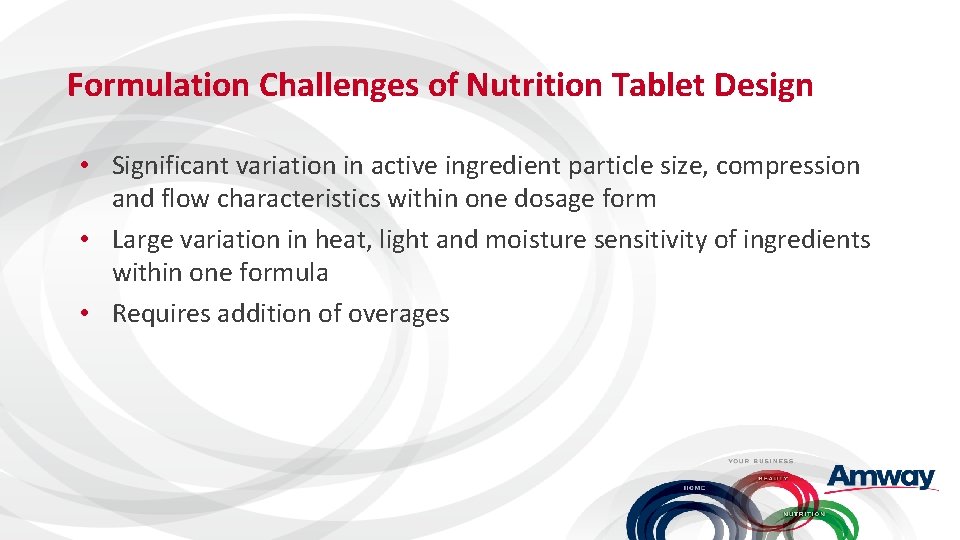 Formulation Challenges of Nutrition Tablet Design • Significant variation in active ingredient particle size,