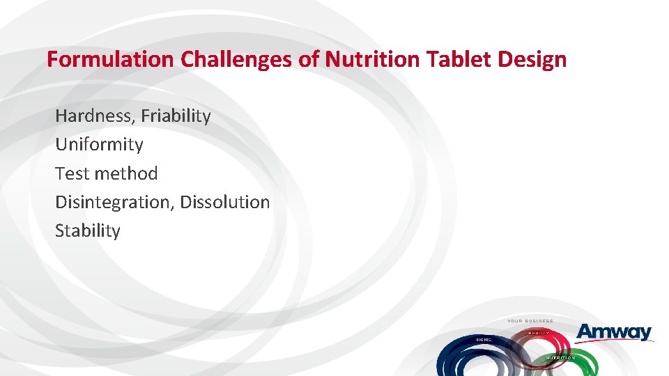 Formulation Challenges of Nutrition Tablet Design Hardness, Friability Uniformity Test method Disintegration, Dissolution Stability