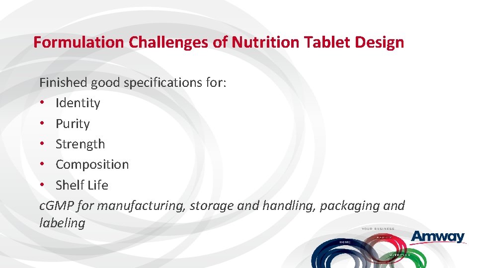 Formulation Challenges of Nutrition Tablet Design Finished good specifications for: • Identity • Purity