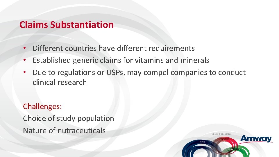 Claims Substantiation • Different countries have different requirements • Established generic claims for vitamins