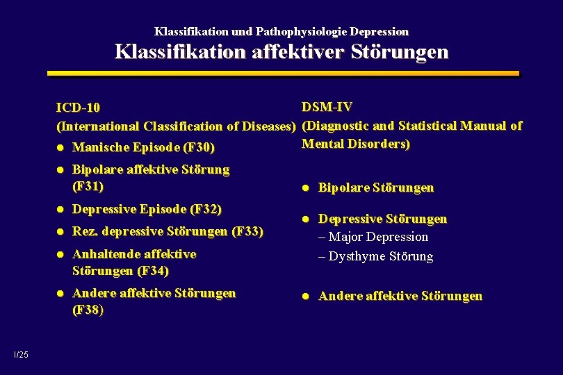 Klassifikation und Pathophysiologie Depression Klassifikation affektiver Störungen DSM-IV ICD-10 (International Classification of Diseases) (Diagnostic